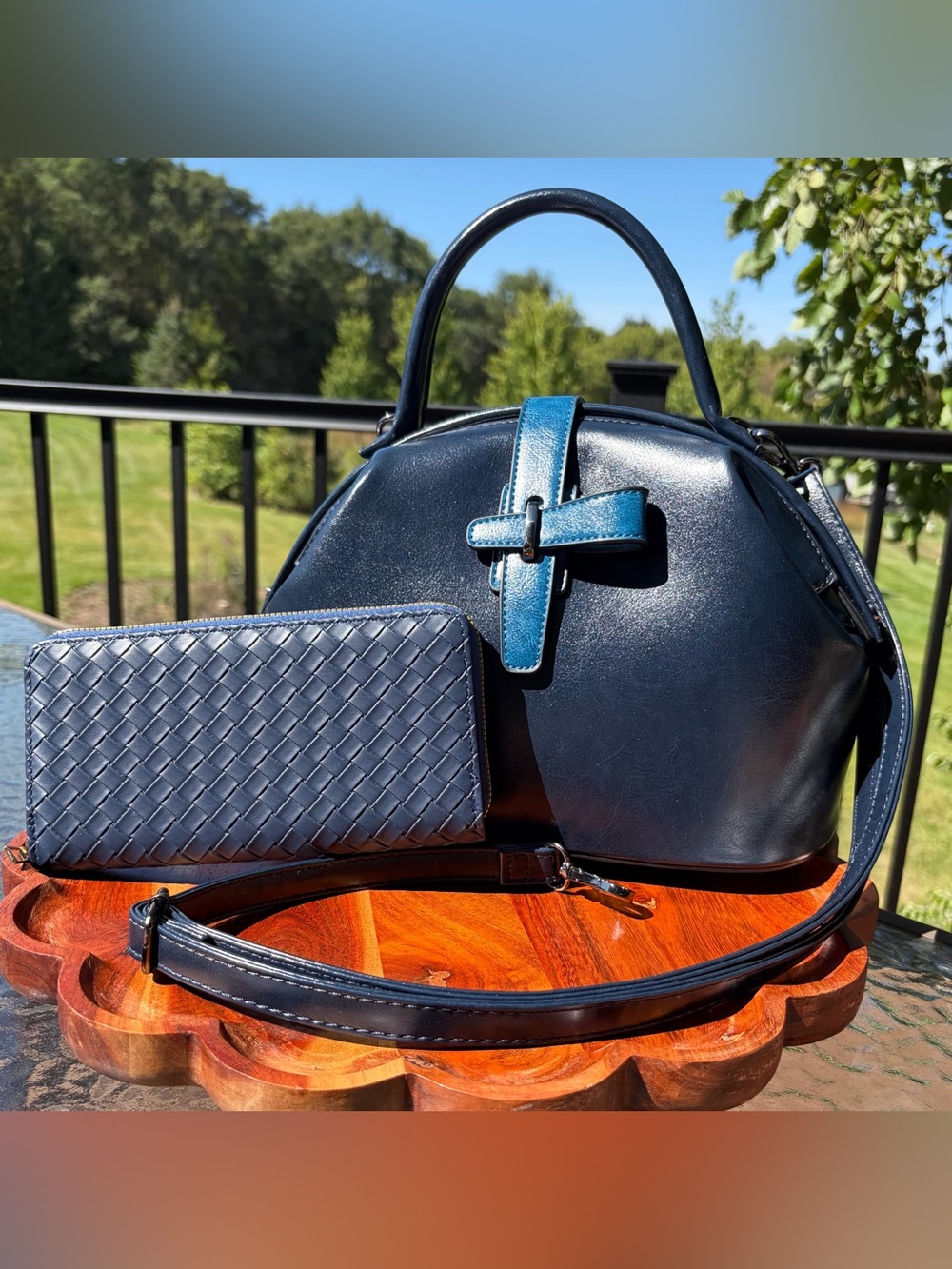 Doctor Bag Vintage-Style Blue Vegan Leather Top Handle Purse & Wallet Set - Picture 13 of 13